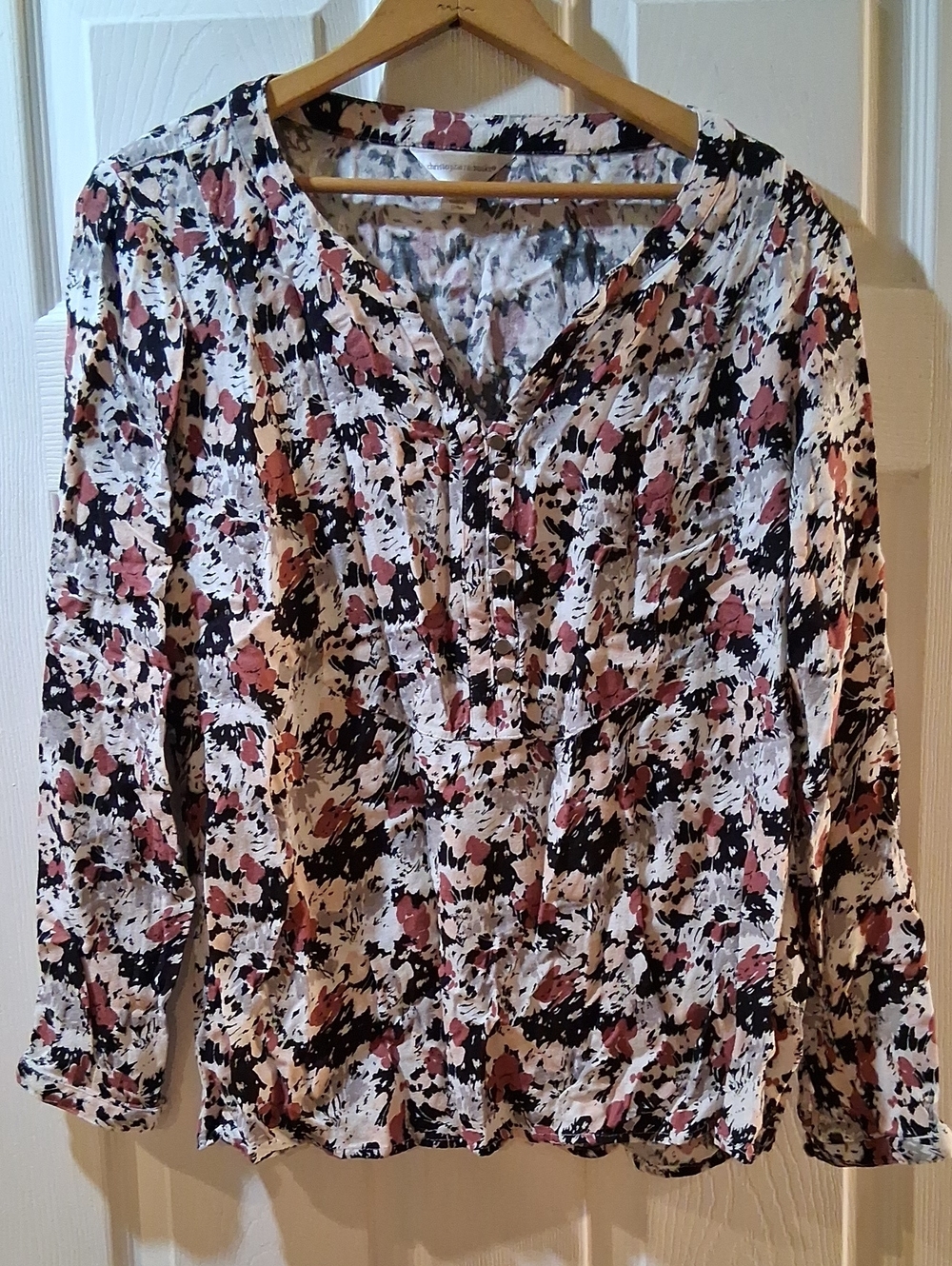 Christopher & Banks Floral Henley Blouse - Pink, Black & White